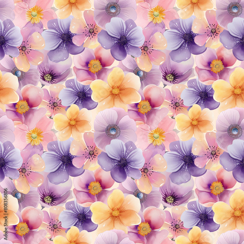 Seamless floral pattern with colorful pansy flowers