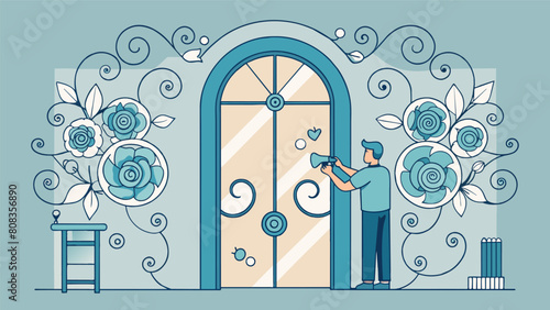 Delicate rosettes and scrollwork being created and installed around the windows and doors.. Vector illustration photo