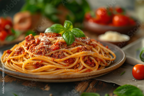 A plate of spaghetti with meat sauce and basil on top