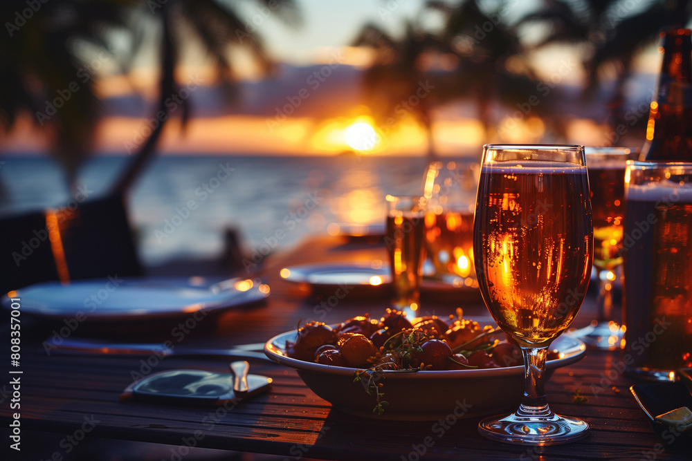 Φωτογραφία A table with a glass of beer and a bowl of food