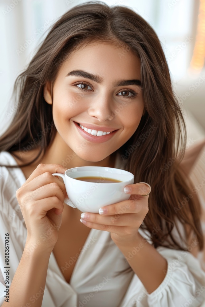 Young woman enjoying morning coffee in a caf with space for text, fresh brew on blurred background Young woman enjoying morning coffee in a caf with space for text, fresh brew on blurred background