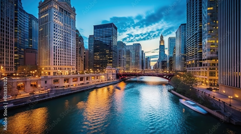 Stunning Twilight View of Chicago Skyline and River, Illuminated Urban Landscape Stunning Twilight View of Chicago Skyline and River, Illuminated Urban Landscape
