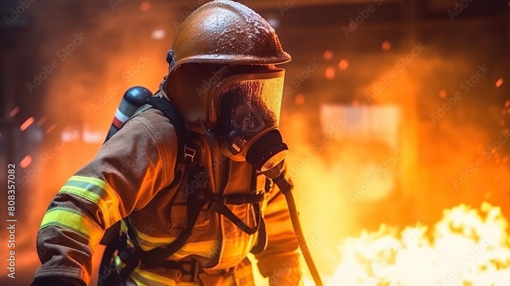 Brave Firefighter in Action During Intense Fire Fighting Operation Brave Firefighter in Action During Intense Fire Fighting Operation