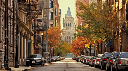 Autumn in Chicago: Golden Leaves Adorn La Salle Street, Illinois, with Historic Architecture