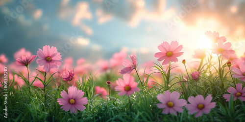 A field of pink flowers with a bright sun shining on them