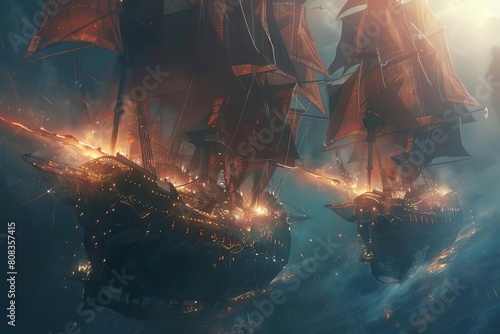 enchanted seafaring ships powered by mystical winds fantasy concept art illustration