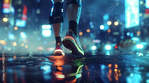 A closeup half body of charismatic vertebrate, in a reflective safety gear, participating in a nighttime marathon in a futuristic metropolis, with something on hand photo