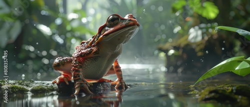 A closeup half body of charismatic amphibian, in a moisturewicking outfit, hopping along a misty riverbank in a simulated rainforest, with something on hand photo