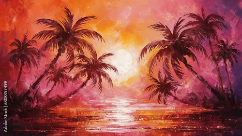 a tropical sunset, with hues of orange, pink, and purple blending together in a dreamy and atmospheric composition. palm tree silhouettes and shimmering reflections on the water