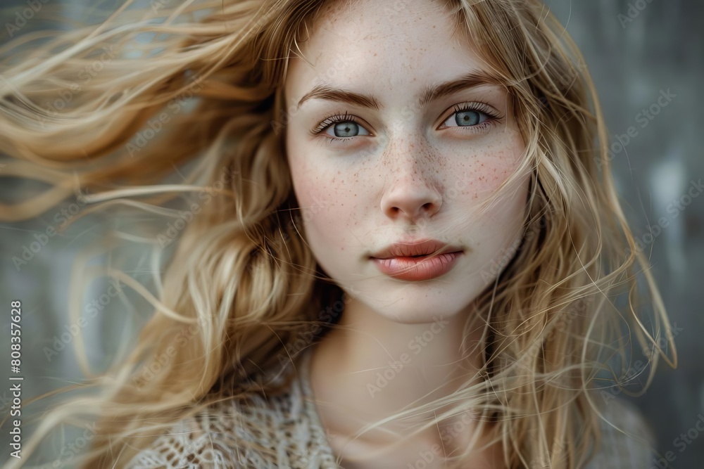enchanting young woman with flowing blond hair aigenerated portrait gazing at camera enchanting young woman with flowing blond hair aigenerated portrait gazing at camera