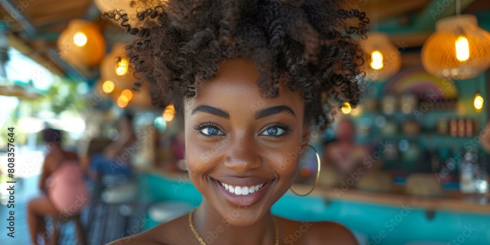 A woman with an afro smiling at the camera. Generative AI. A woman with an afro smiling at the camera. Generative AI.
