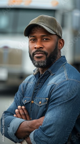 A man in a hat and denim shirt standing with his arms crossed. Generative AI.