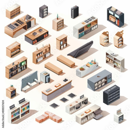 A fantastic isometric set of minimal shop, showcasing sleek design and modern aesthetics, model isolated white background