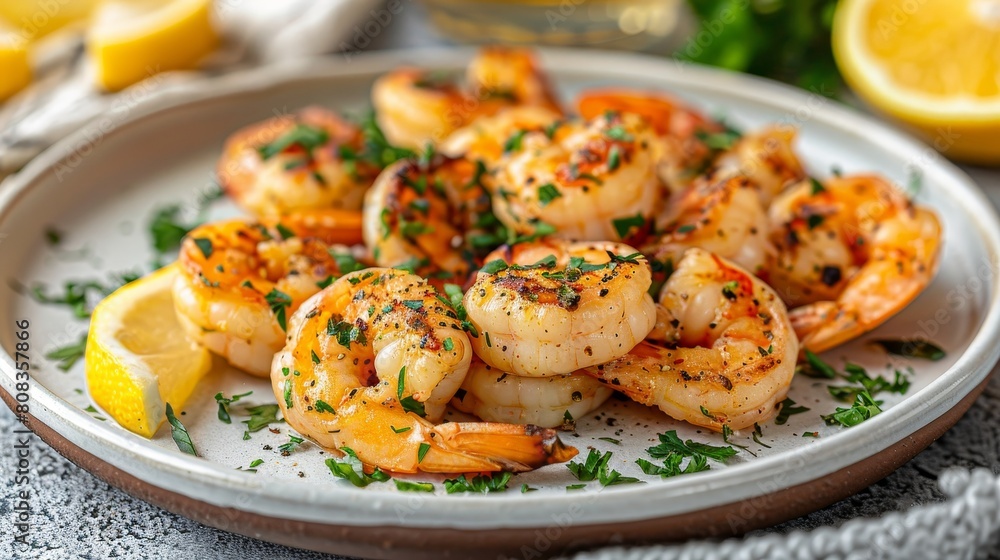 Exquisite presentation of succulent grilled shrimp on a clean and elegant white serving plate Exquisite presentation of succulent grilled shrimp on a clean and elegant white serving plate