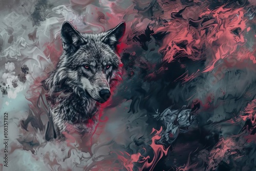 esoteric wolf portrait in paynes gray and crimson hues surreal digital painting photo