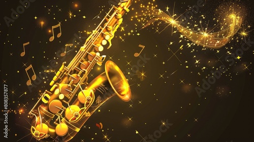 vector illustration of a golden saxaphone with musical notes and stars.

 photo