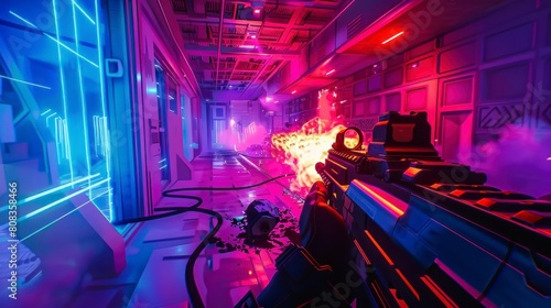 3D shooting game with neon lights in high resolution and high quality. game concept, 3d, shooting, weapons, neon, gaming, 2d, console