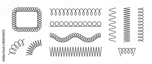 Set of spiral springs. Black metal wire coil collection. Thin spiral frames, zigzag lines, wire waves, flexible coils and arch element pack for graphic design templates, decor. Vector bundle