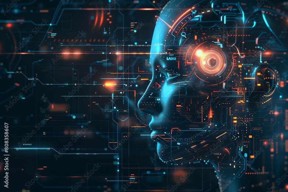 Futuristic business illustration of artificial intelligence, showcasing a developer programming AI, in cyber styles, with HUD icon, at a tech hub, Sharpen banner with copy space