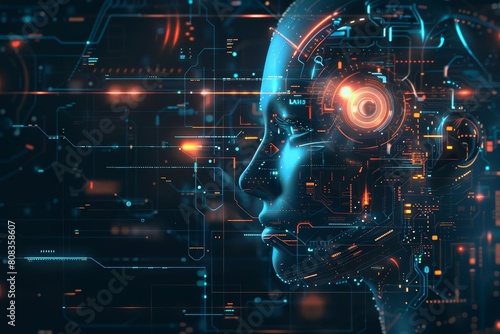 Futuristic business illustration of artificial intelligence, showcasing a developer programming AI, in cyber styles, with HUD icon, at a tech hub, Sharpen banner with copy space