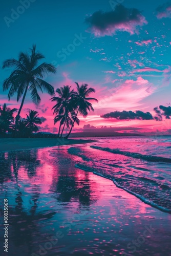Stunning pink and blue evening colors on summer beach with beautiful palm tree silhouettes