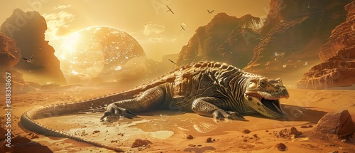 Futuristic concept of a coldblooded reptile, clad in a heatregulating fabric, basking under artificial sun lamps in a desert setting, with futuristic styles photo