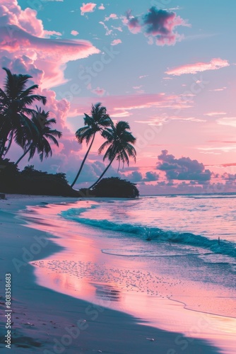 Vibrant pink and blue sunset colors over summer beach with palm trees silhouette