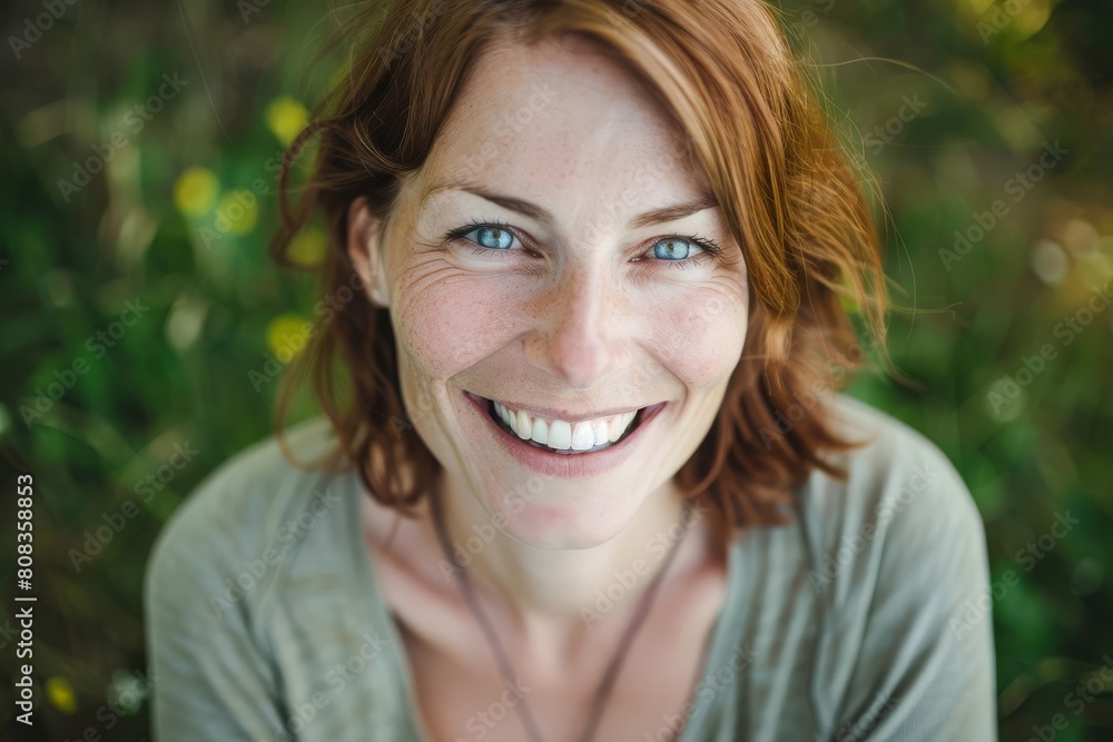genuine portrait of smiling woman in her late 30s with sparkling mischievous eyes genuine portrait of smiling woman in her late 30s with sparkling mischievous eyes
