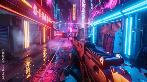 3D shooting game with neon lights in high resolution and high quality. game concept, 3d, shooting, weapons, neon, gaming, 2d, console, pc photo
