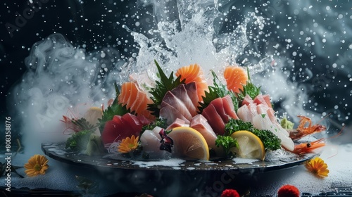 Sashimi, presented in a food explosion scattering flavors, captures a nice shot sharpened for a banner, showcasing a creative blend of minimalist style and traditional tastes