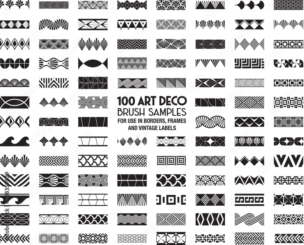 100 Art Deco pattern brush samples for borders, frames and vintage labels. 100 Art Deco pattern brush samples for borders, frames and vintage labels.