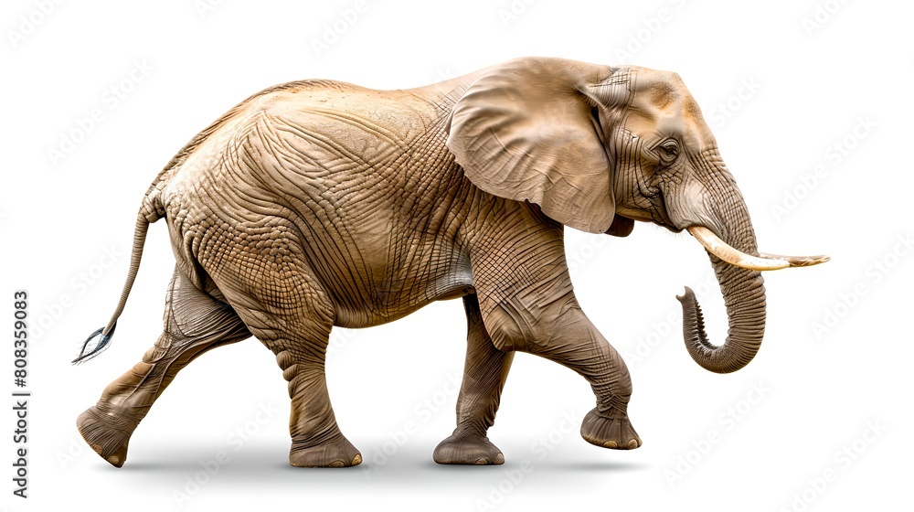 Majestic African Elephant Walking Isolated on White - Photo Stock. Ideal for Posters, Educational and Commercial Materials. Realistic Wildlife Representation. AI