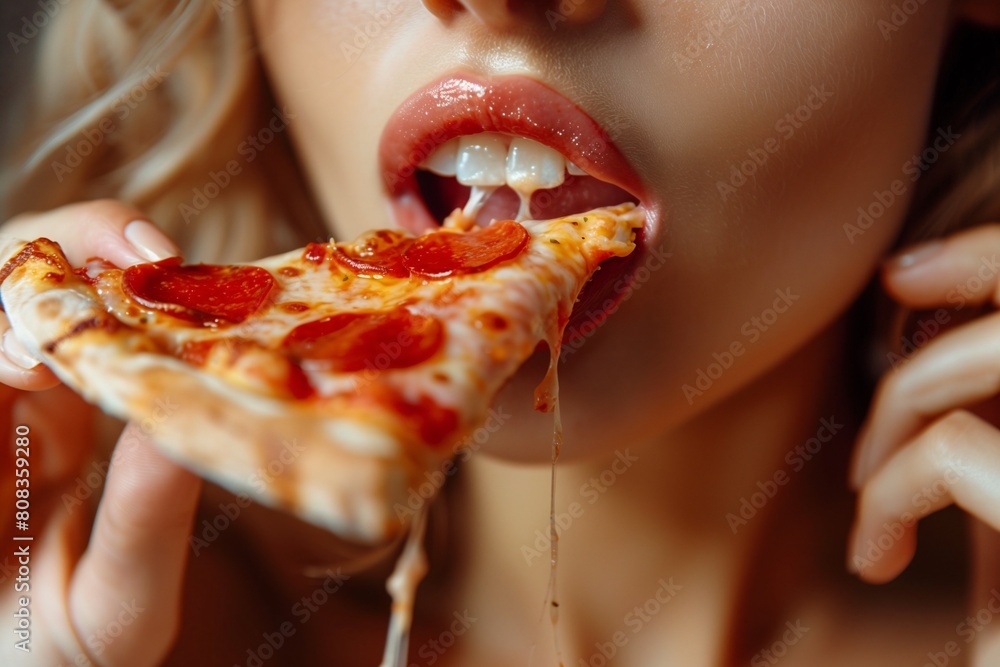 Close up portrait of young woman eating slice of pizza. Close-up of female lips and tongue. Close up portrait of young woman eating slice of pizza. Close-up of female lips and tongue.