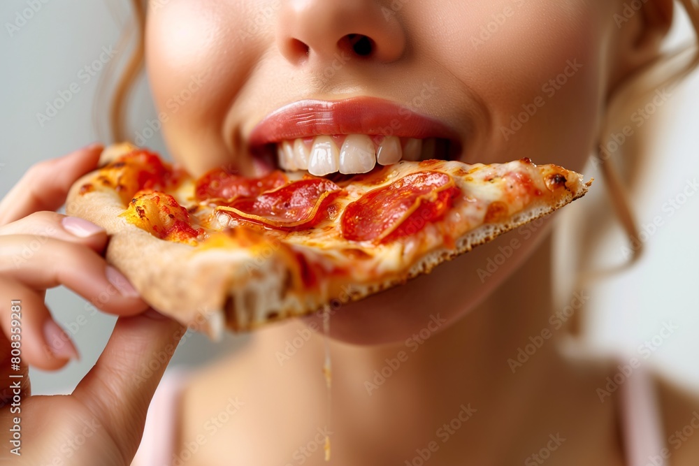 Closeup of a young woman eating a slice of pepperoni pizza