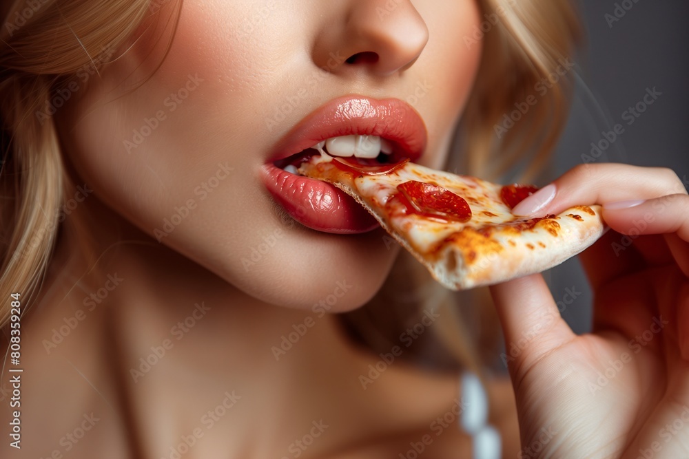 Close up of young woman eating slice of pizza. Close up of beautiful girl eating pizza. Close up of young woman eating slice of pizza. Close up of beautiful girl eating pizza.
