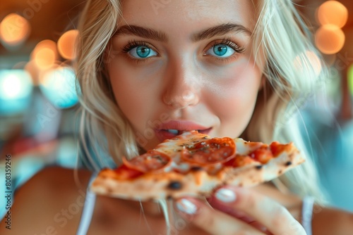 Close-up portrait of a young woman eating pizza in a restaurant