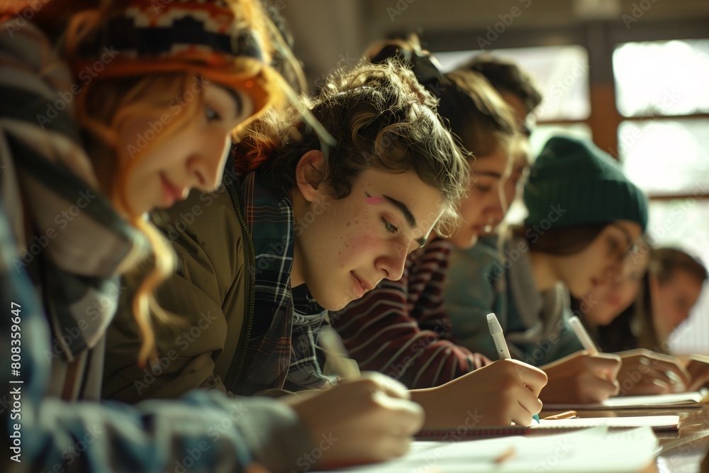 Group of schoolchildren drawing with pencils in classroom. Education concept Group of schoolchildren drawing with pencils in classroom. Education concept
