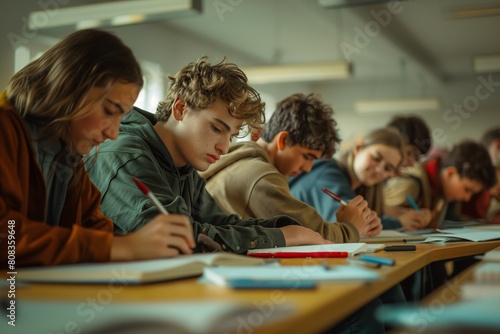 Group of students studying together in a classroom at school. Education concept.