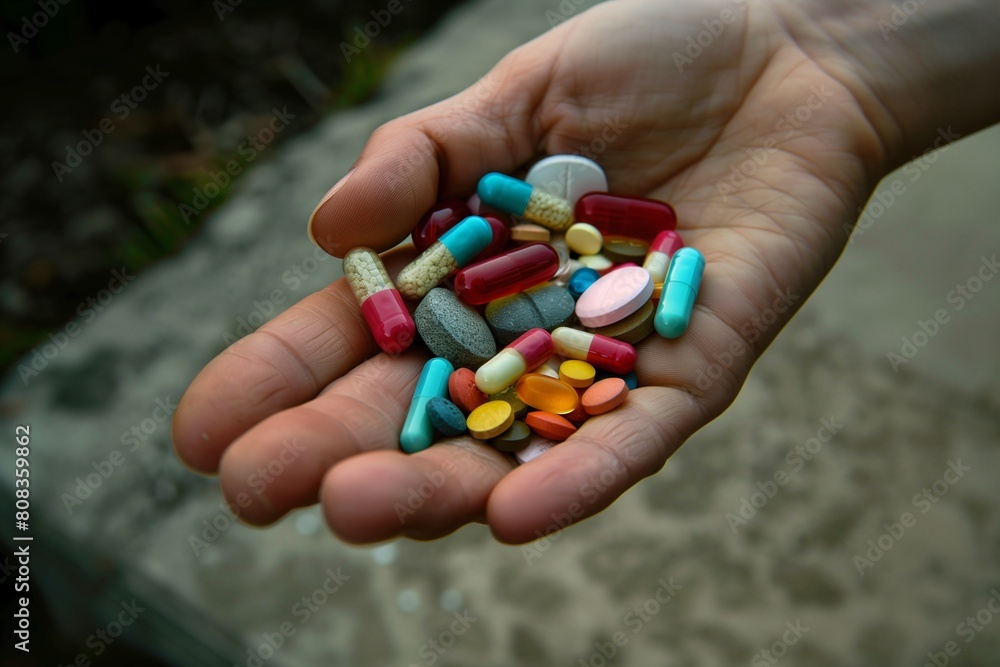 colorful pills and capsules in a hand on a background of nature colorful pills and capsules in a hand on a background of nature