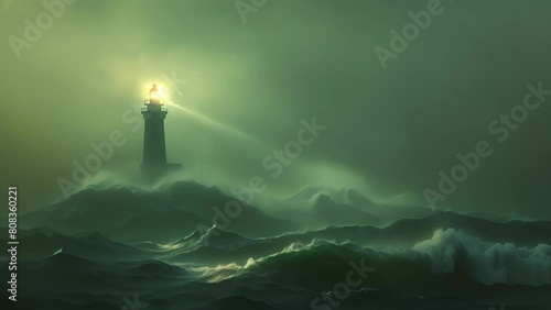 A lighthouse keeper scans the stormy sea with their trusty lantern ready to guide any lost ships to safety. The bright light atop the lighthouse pierces through the fog serving as . photo