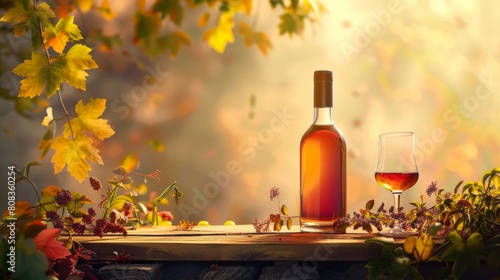 Elegant Arrangement: Arrange the bottle of strong alcohol and the glass on a rustic wooden table, surrounded by a vine with yellow sienna gradient spot background. Generative AI