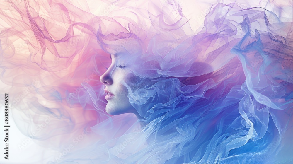 The image shows a woman's face in profile. Her hair is long, flowing, and looks like a colorful smoke. The background is a colorful gradient of pink, blue, and purple. The image shows a woman's face in profile. Her hair is long, flowing, and looks like a colorful smoke. The background is a colorful gradient of pink, blue, and purple.