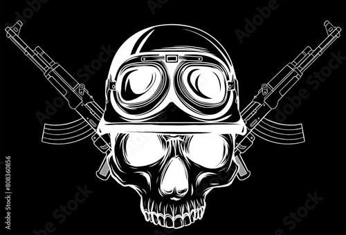white silhouette of skull in helmet soldier with army on black background