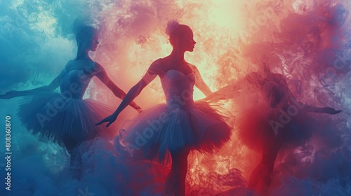 Three graceful ballerinas twirl in the midst of a colorful smoke, creating a breathtaking and dynamic scene.