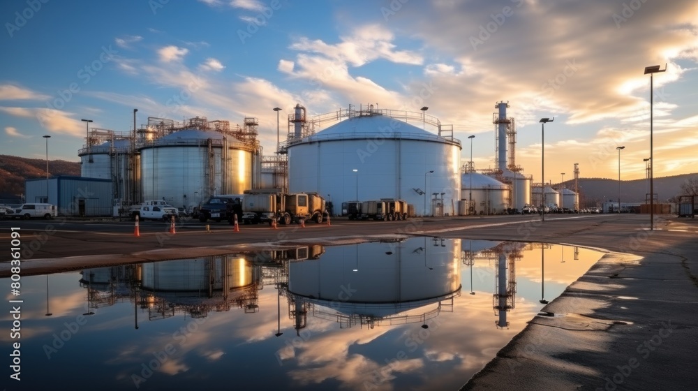 Golden Hour at Industrial Oil Refinery: Large Storage Tanks and Reflective Water Surface Golden Hour at Industrial Oil Refinery: Large Storage Tanks and Reflective Water Surface