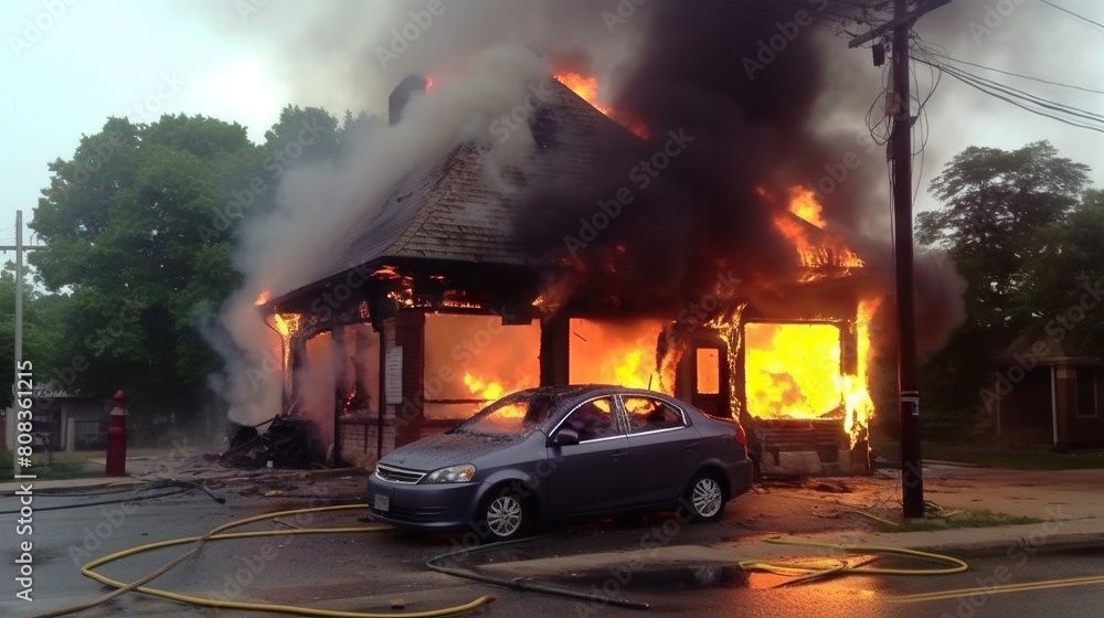Intense House Fire with Engulfed Flames and Parked Car on Residential Street