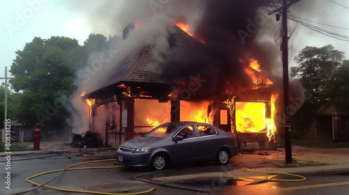 Intense House Fire with Engulfed Flames and Parked Car on Residential Street
