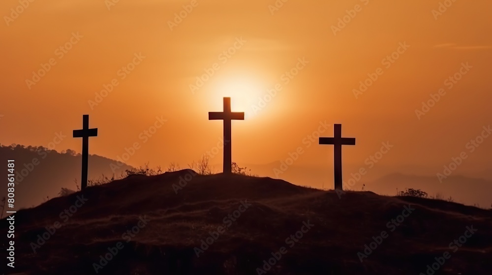 Three Crosses Silhouetted Against a Sunset Sky on a Mountain Top