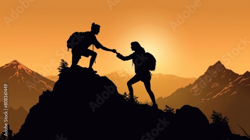 Silhouette of Male and Female Hikers Helping Each Other Climb a Mountain at Sunset