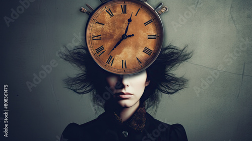 Surreal Portrait of a Woman with a Clock Face, Artistic Concept of Time photo
